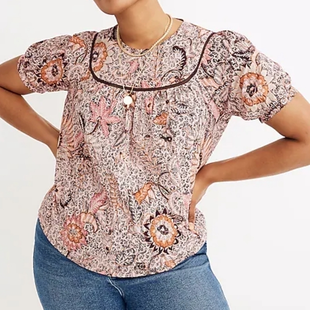 MADEWELL yoked short puff sleeve top in Bali bloom size Medium